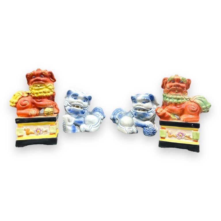 A lot of 2 pairs of contemporary Chinese porcelain foo lion temple sculptures. Tallest measures (1 of 6)