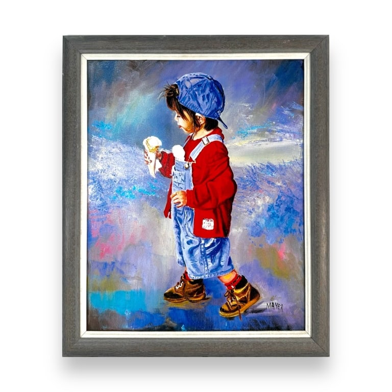 Ruth Marjory (Holden) Mayer (AMERICAN / CALIFORNIA / SOUTH DAKOTA, ???? - 2023) limited edition: Ruth Marjory (Holden) Mayer (AMERICAN / CALIFORNIA / SOUTH DAKOTA, ???? - 2023) limited edition giclee oil on canvas depicting a boy in overalls with ice cream cone. Signed to lower right and numbered
