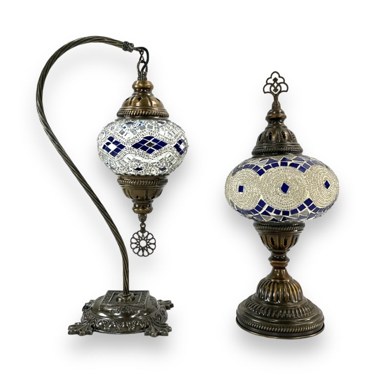 A lot of 2 table lamps crafted with metal frames and featuring ceramic and glass shard inlaid domes.: A lot of 2 table lamps crafted with metal frames and featuring ceramic and glass shard inlaid domes. Tallest measures approx. 16 1/2" height. Appears in overall good condition. JD/B13/CB:A