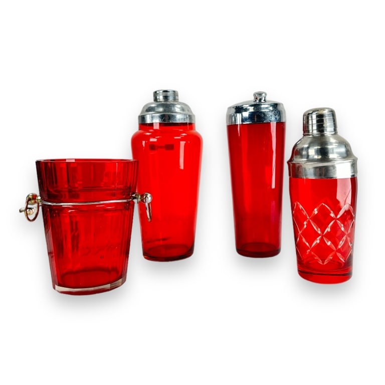 A lot of three vintage / antique, probably Art Deco ruby glass and white metal top bar ware martini (1 of 3)