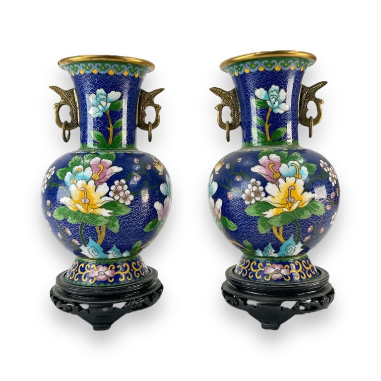 A pair of Chinese Cloisonne enamel and gilt brass vases of footed bottle form depicting floral (1 of 4)