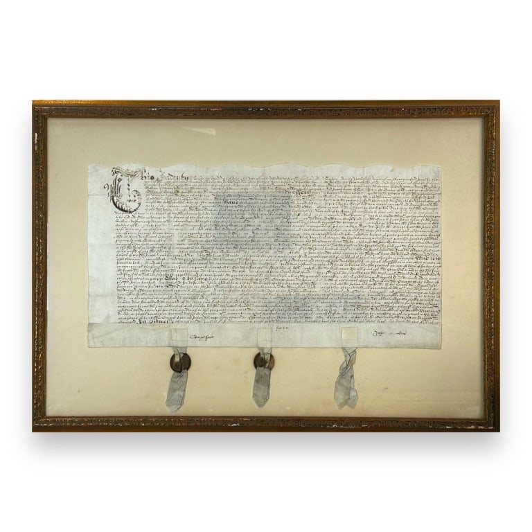 1616 German indenture document. One signor be John Cauffman. Mounted in a gold tone wooden frame (1 of 6)