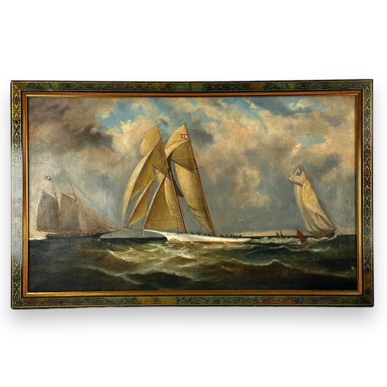 Antique 19th century oil painting on canvas depicting marine scene with with sailing boats and: Antique 19th century oil painting on canvas depicting marine scene with with sailing boats and ships. Appears to be signed to lower left?...it is a dark area and hard to be sure. Mounted in a gold and