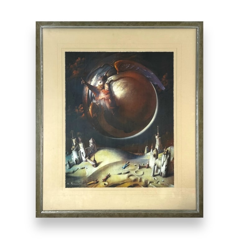 Gil Bruvel (FRENCH / UNITED STATES / HAWAII / AUSTRALIA, Born 1959) surrealist color lithograph: Gil Bruvel (FRENCH / UNITED STATES / HAWAII / AUSTRALIA, Born 1959) surrealist color lithograph titled "The Invisible Voyage. Signed to lower left and numbered 53/195 to lower right. Mounted in silver