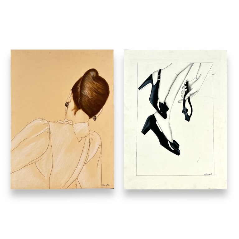 A lot of 2 works on artist cardboard to include a pencil and pastel work depicting the back of a: A lot of 2 works on artist cardboard to include a pencil and pastel work depicting the back of a woman and an ink work depicting a foot with high heel. Each signed what appears to be "Nenole". Each me