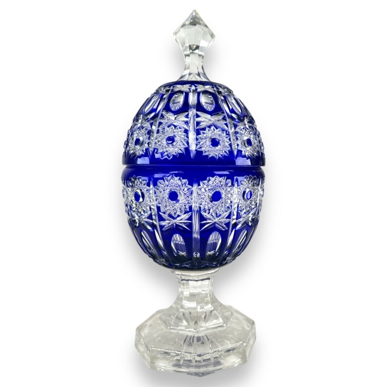 A vintage Bohemian cobalt blue cut to clear art glass covered and footed egg form box. Measures (1 of 3)