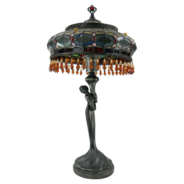 Art Nouveau style metal lamp of lady holding flame. No apparent hallmarks. Measures approx. 23": Art Nouveau style metal lamp of lady holding flame. No apparent hallmarks. Measures approx. 23" height overall including hardware. JD/B15/SH:15A
