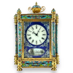 A vintage Chinese made and hand painted French style champleve enameled mantle clock with gilt brass: A vintage Chinese made and hand painted French style champleve enameled mantle clock with gilt brass case. Side panels depicting wheat harvest scene with Classical females. Applied plaque to verso. Me