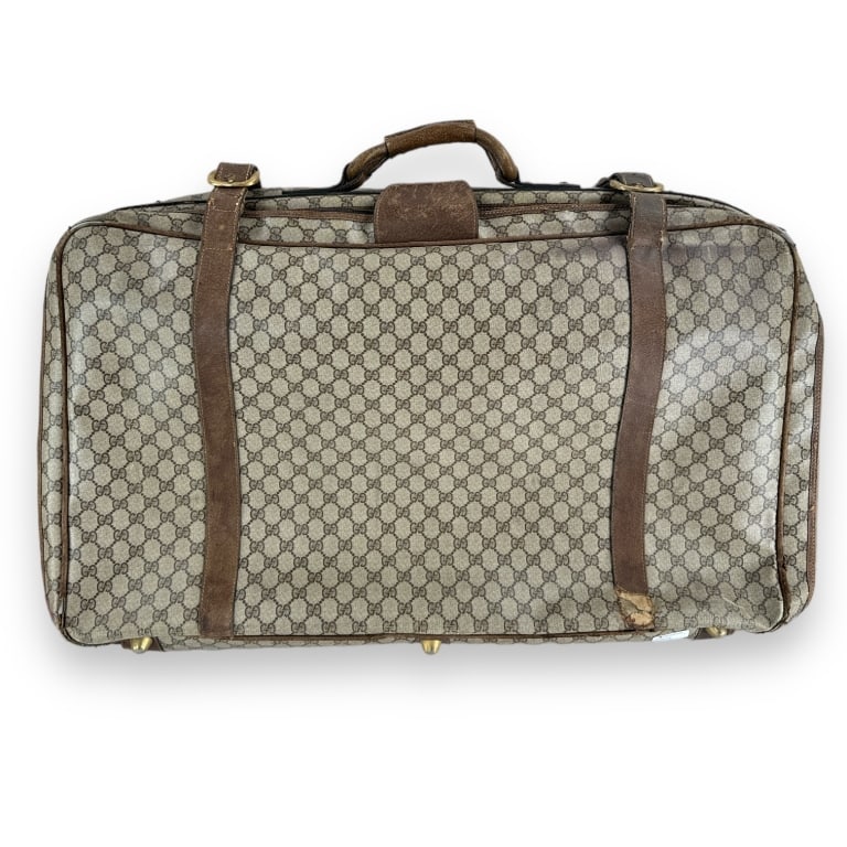 Vintage designer Gucci brown leather classic monogram jacquard softside suitcase luggage. Measures (1 of 5)