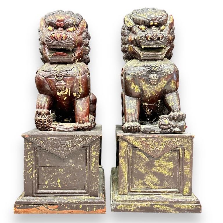 Pair of Chinese carved wooden palace size foo lion sculptures on bases with dark rust red and gilt (1 of 4)