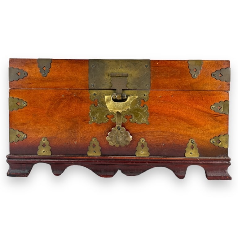 Vintage Chinese wooden case hinged top jewelry box clad with gild brass. Interior with calligraphy (1 of 3)