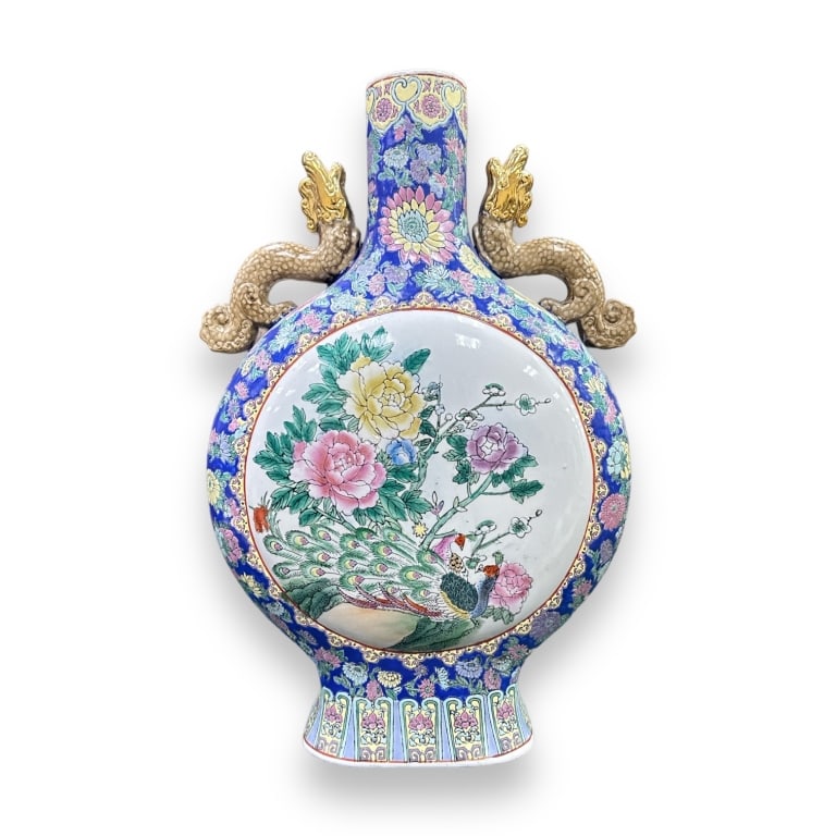 Chinese hand painted enameled Famille Bleu porcelain large moon flask vase depicting floral blooms (1 of 4)
