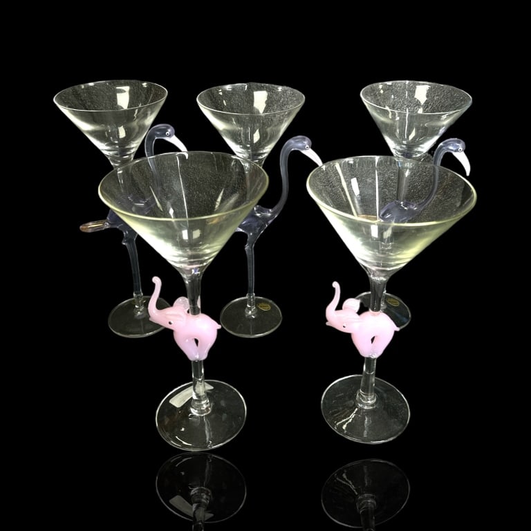 A lot of 5 vintage Murano glass martini stemware glasses having a figural animal design depicting (1 of 3)