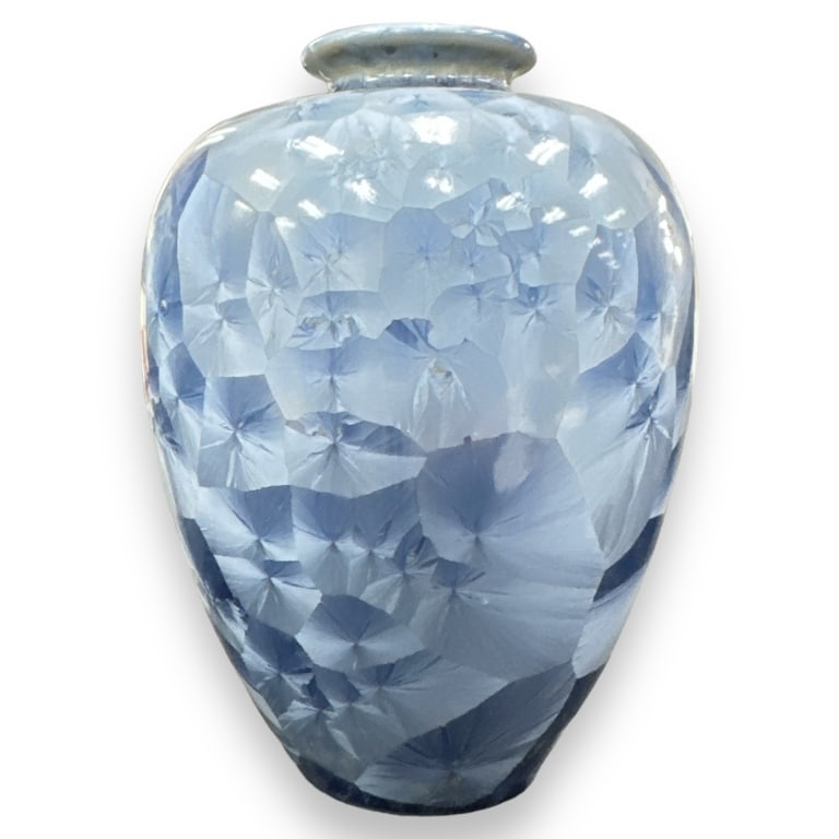Signed Lu Nach? porcelain vase featuring blue genuine butterfly wings under glaze. Signed to bottom.: Signed Lu Nach? porcelain vase featuring blue genuine butterfly wings under glaze. Signed to bottom. Measures approx. 5 3/4" height x 4 1/4" diameter. Appears in overall good condition. JD/B13/CB:A