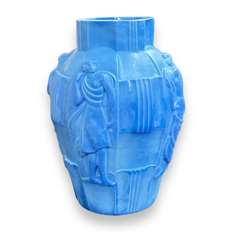 An Art Deco Czechoslovakian blue malachite glass vase depicting nude flapper girl dancers. No: An Art Deco Czechoslovakian blue malachite glass vase depicting nude flapper girl dancers. No apparent hallmarks. Measures approx. 9 1/2" height x 7 3/4" diameter. Appears in overall good condition. J