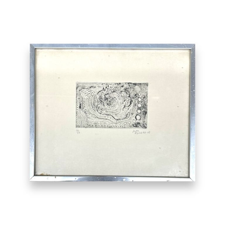 Juan Romero Fernandez (SPANISH, 1932 - 1996) limited edition etching having an intricate abstract: Juan Romero Fernandez (SPANISH, 1932 - 1996) limited edition etching having an intricate abstract design. Hand pencil signed to lower right and dated 1969. Numbered 26/30 to lower left. Mounted in a s