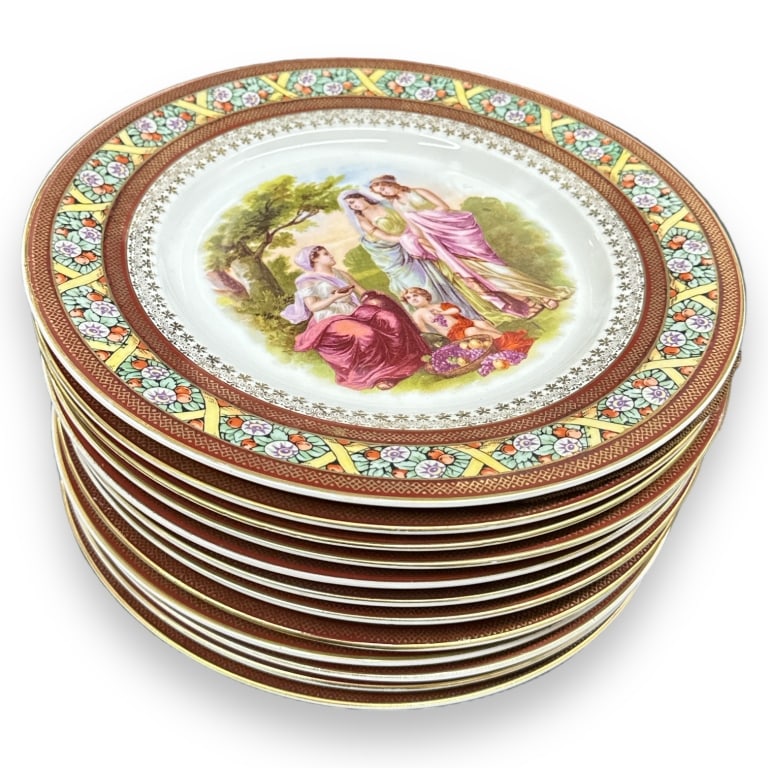 A set of 12 Royal Vienna style Czechoslovakian hand painted porcelain dinner plates having hand (1 of 3)