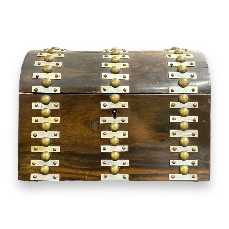 An antique English mahogany wood chest form letter box. Completed with applied mother of pearl (1 of 3)