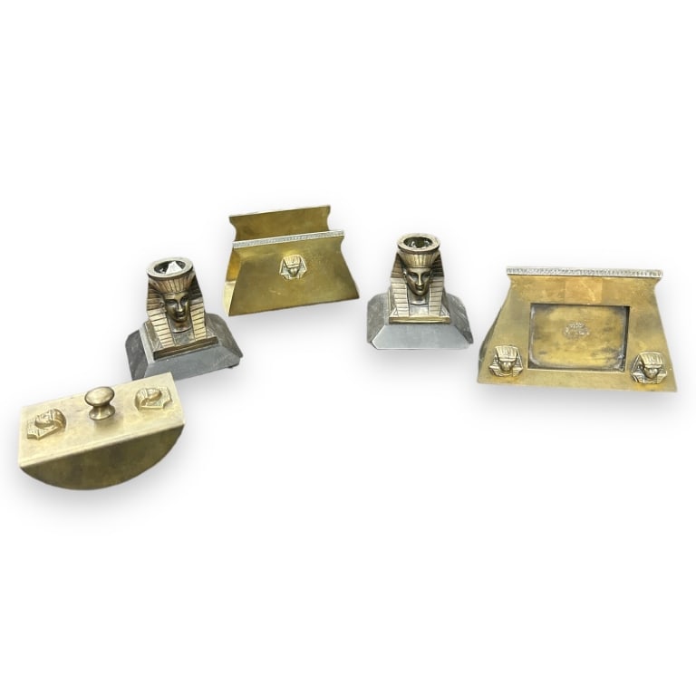 A lot of four vintage and antique Egyptian revical items to include two brass desk items and a pair (1 of 5)