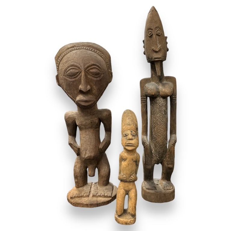 Lot of three vintage, possibly antique?, African wood sculptures depicting various figures. Tallest (1 of 4)