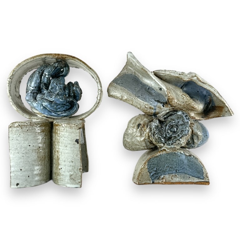 A lot of two Hoffman gray and blue glazed stoneware pottery abstract items. Each signed "hoffman". (1 of 4)