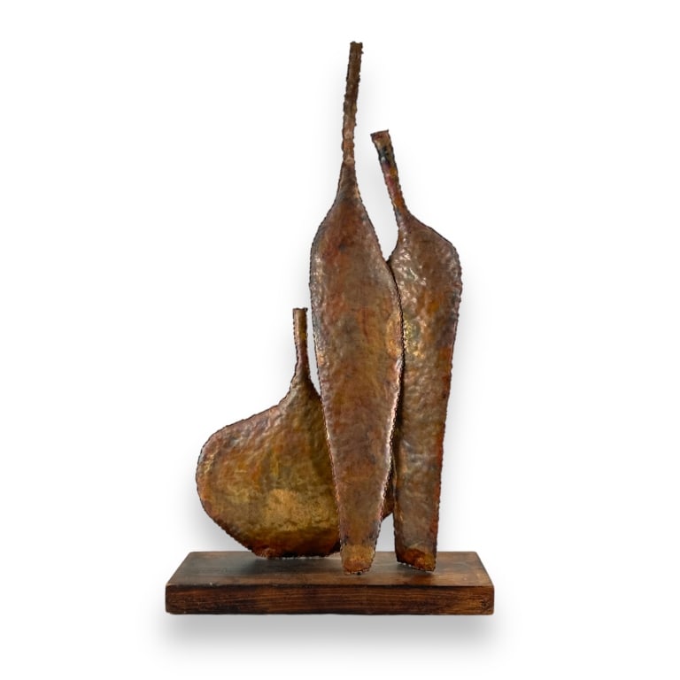 A vintage hand crafted bronze sculpture depicting the silhouettes of vases. Mounted on wooden base. (1 of 3)