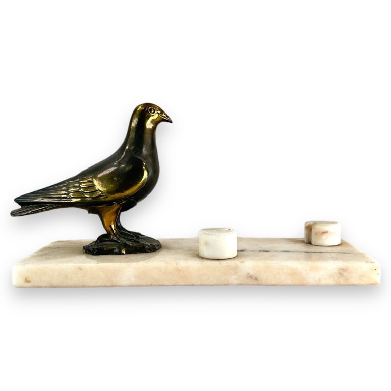 A vintage signed business or name card holder featuring a gilt French or white metal figural pigeon (1 of 3)