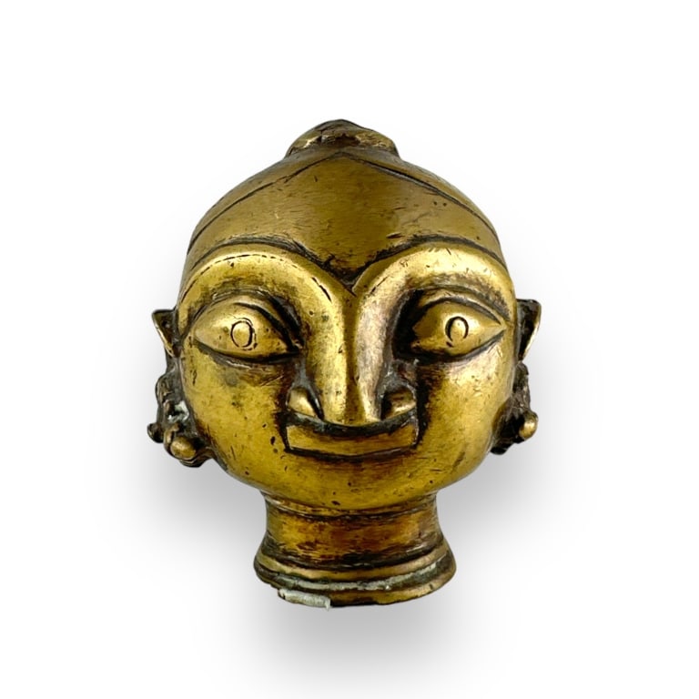 Antique Indian gilt bronze Parvati temple head sculpture. No apparent markings. Measures approx. 4" (1 of 3)