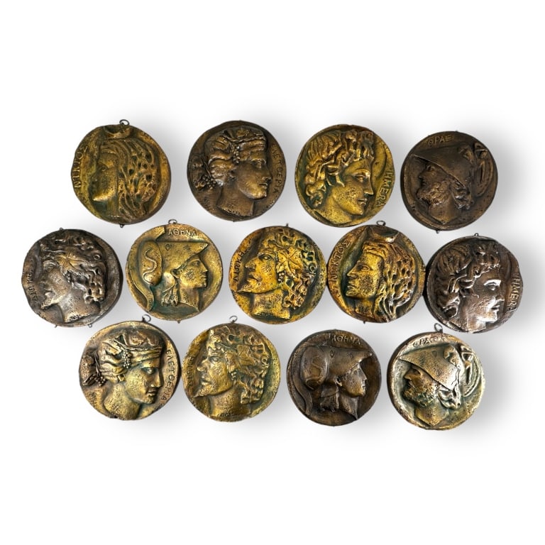 A set of 13 vintage cast resin gold painted round wall plaques depicting Greek Gods, Goddesses and (1 of 4)