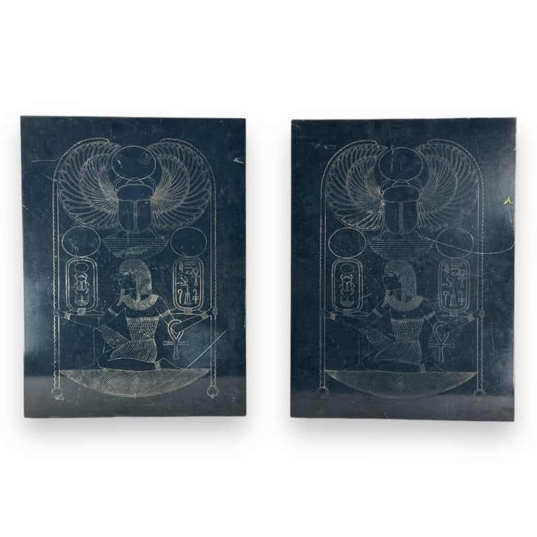 A pair of Egyptian Revival stone plaques with scaran and Pharaoh design. Each measures approx. 23 (1 of 3)