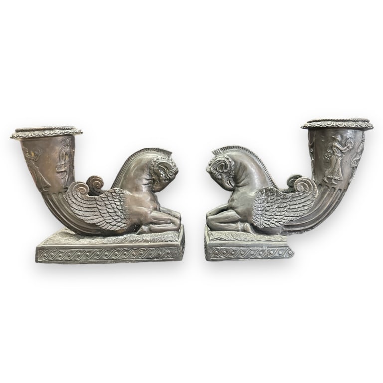 A pair of heavy bronze Cornucopia pegasus bronze vase planter sculptures. No apparent hallmarks. (1 of 3)