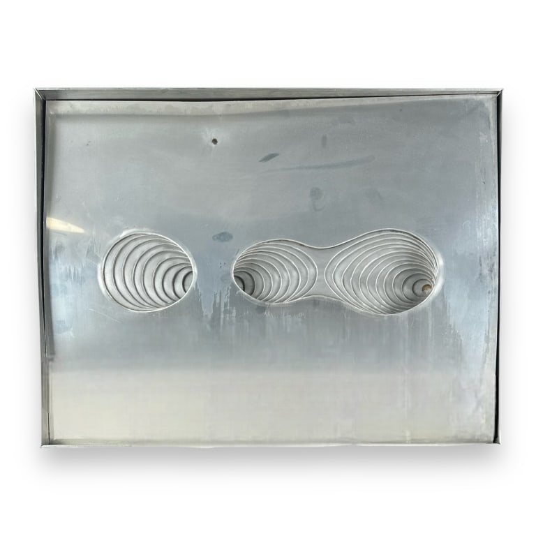 Barbara Pniewska (POLISH / WARSAW, 1923 - 1988) white meal three-dimensional wall art sculpture.: Barbara Pniewska (POLISH / WARSAW, 1923 - 1988) white meal three-dimensional wall art sculpture. Signed to verso and titled "Open Forms". Mounted in a silver tone frame. Measures approx. 19/4" height