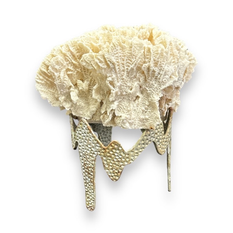 A genuine white coral specimen set atop a vintage modernist white metal stand. No apparent marks. (1 of 2)