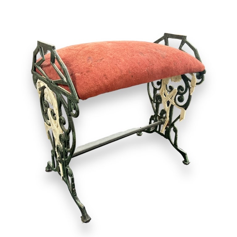 An Art Nouveau polychrome metal ottoman foot rest. Measures approx. 19" height x 19" width x 12 1/2": An Art Nouveau polychrome metal ottoman foot rest. Measures approx. 19" height x 19" width x 12 1/2" depth. Fabric top could use replacing. Some paint loss to metal. JD/B13