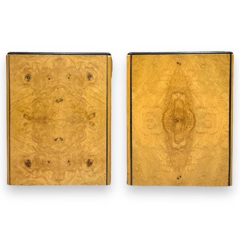 A pair of Henredon "Scene Two" 1970's burlwood hinged front wood cube side tables. Retains factory (1 of 3)