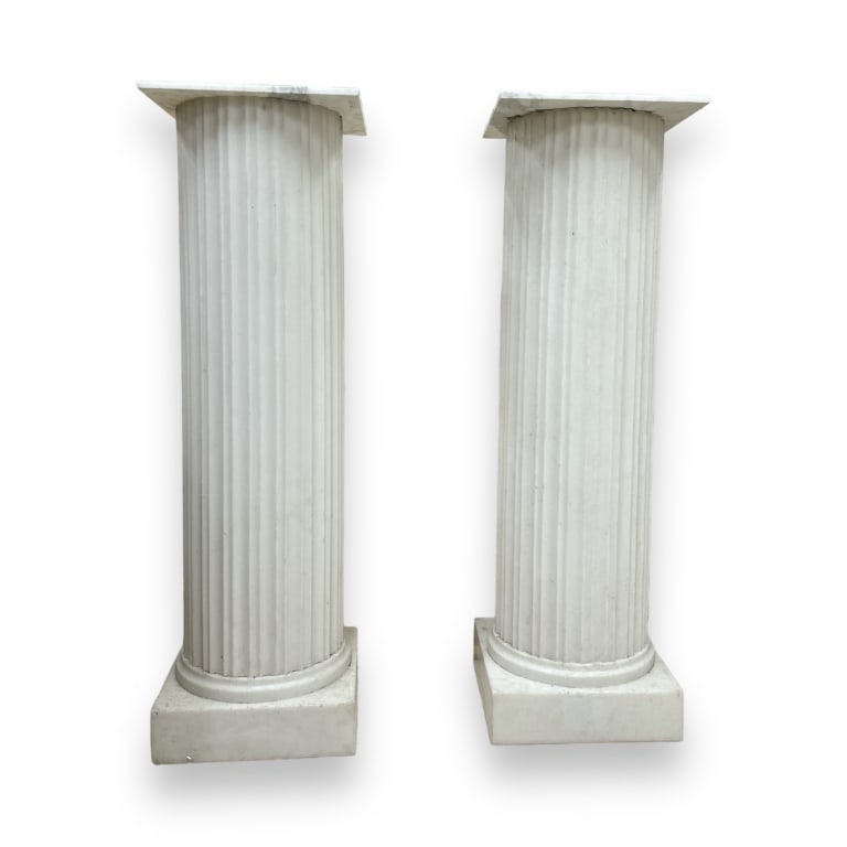 A pair of vintage resin and marble top pedestal stands having a Greek column design. Each measures (1 of 3)