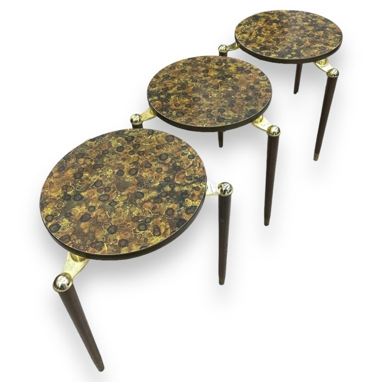 A set of three vintage Modernist MCM gold hip spider leg low tables. Measures approx. 19" height x (1 of 3)