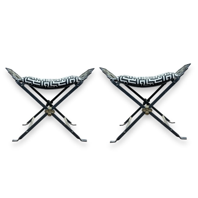 A pair of vintage wrought iron stool seats having a Griffon beast design and completed with Greek (1 of 3)