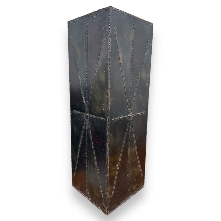 Attributed to Paul Evans for Directional steel with brown patina Brutalist rectangular plater stand: Attributed to Paul Evans for Directional steel with brown patina Brutalist rectangular plater stand pedestal. Measures approx. 36" height x 12" width x 17" depth. Opening on top approx. 9" diameter. A