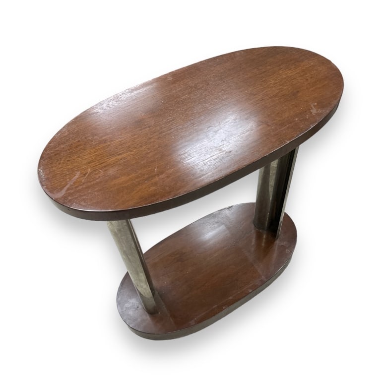 Vintage modernist, probably 1970's oval table crafted of white metal, probably aluminum and mahogany (1 of 3)