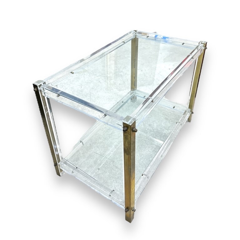 Mid century modern vintage table crafted of clear acrylic, gilt brass and completed with a glass (1 of 3)