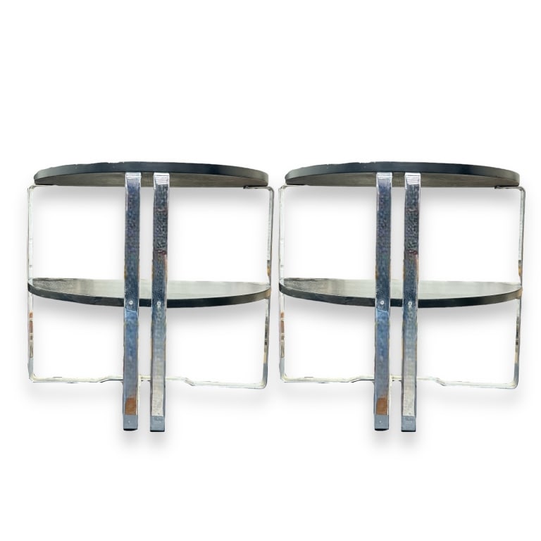 A pair of Wolfgang Hoffmann demilune black top and chrome frame. Measures 22" height x 24" width x (1 of 3)