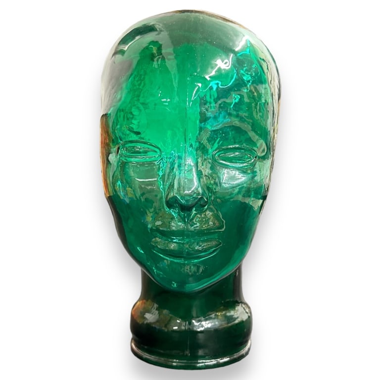 Vintage Green Glass Hat Mannequin Head. No markings found. Approx: 11"H, 7.5"D JD/B17: Vintage Green Glass Hat Mannequin Head. No markings found. Approx: 11"H, 7.5"D JD/B17