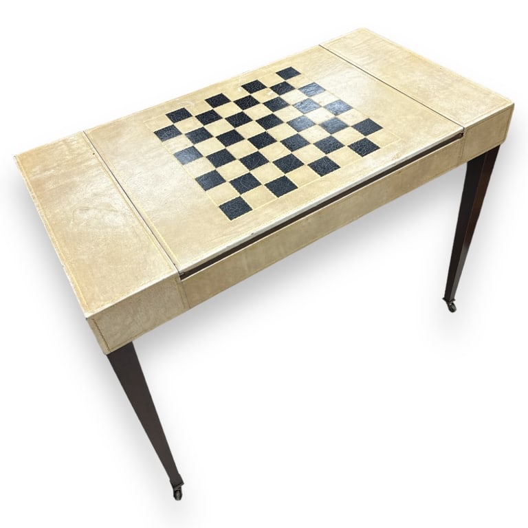 Vintage creme leather top rolling wooden game table with chess / checkers top which can be removed (1 of 4)