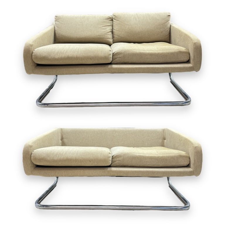 In the manner of Taras Zheltyshev Lympho chrome base pair of love seat sofa. Measures approx. 29" (1 of 4)
