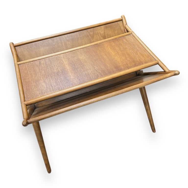 Vintage Robsjohn Gibbings wooden magazine side table. Measures approx. 22" height x 29" depth x 23" (1 of 3)