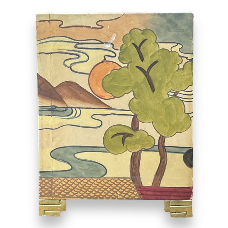 A vintage leather lined and hand painted metal planter having a landscape design. Completed with (1 of 3)