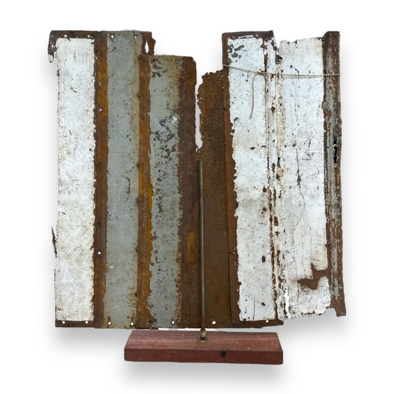 A vintage modernist brutalist metal floor sculpture set on wooden base. Measures approx. 51" height (1 of 4)