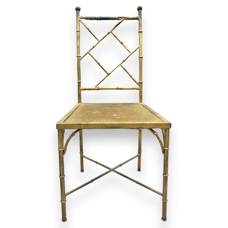 Vintage gilt metal faux bamboo chair. Measures approx. 39" height x 17" width x 17" width. Some gilt: Vintage gilt metal faux bamboo chair. Measures approx. 39" height x 17" width x 17" width. Some gilt loss. JD/B13