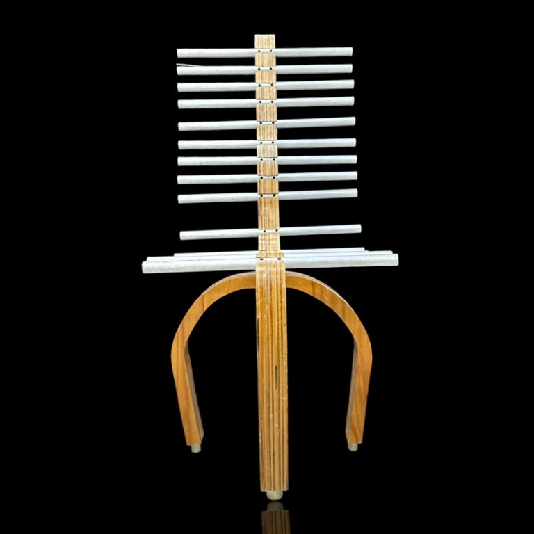 Vintage modernist chair crafted of wood with white metal pipe back and seat. Measures approx. 41": Vintage modernist chair crafted of wood with white metal pipe back and seat. Measures approx. 41" height x 20" depth x 15" width. Some minor wear to wood and metal. JD/B13